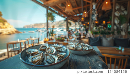Two plates of fresh oysters are beautifully arranged on a table at a waterfront restaurant with a scenic ocean view. 124084136