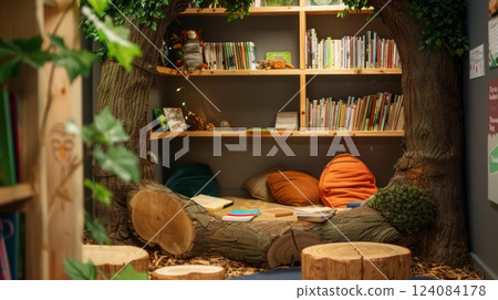 A cozy reading nook built into a tree trunk, complete with bookshelves filled with books and comfortable pillows. 124084178