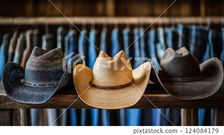 Three cowboy hats are arranged on a wooden shelf, with various pairs of denim jeans hanging in the background, highlighting a western store ambiance. 124084179