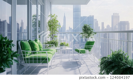 A modern, white balcony with a white railing overlooks a hazy cityscape. Two green cushioned white metal chairs and a matching couch are arranged around a small white table 124084197