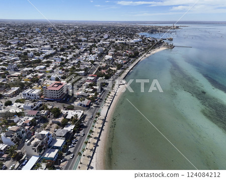 sandy beach in front of malecon in La Paz city, bcs, baja california sur mexico, aerial panorama 124084212