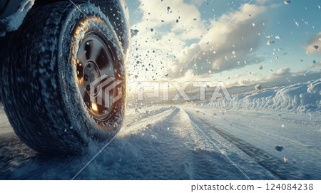 A vehicle is driving along a snow-covered road, kicking up powdery snow as it moves. Bright sunlight shines on the scene, illuminating the landscape and creating a picturesque winter setting. 124084238