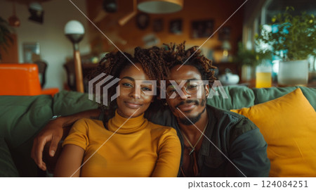 A couple smiles while sitting on a green couch in a living room. 124084251