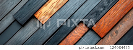 Close-up banner with wooden planks arranged in a geometric pattern, showcasing different textures, colors, and grains for flooring and interior design applications. Close-up banner with wooden planks arranged in a geometric pattern, showcasing different textures, colors, and grains for flooring and interior design applications. 124084455