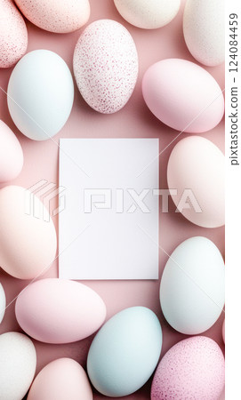 A top view of pastel-colored Easter eggs arranged on a soft pink background with a blank white card in the center, creating space for text or design. 124084459