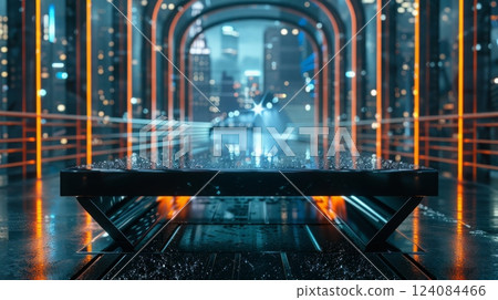 A wet, metallic bench sits in the foreground of a futuristic cityscape, illuminated by glowing neon lights. Rain falls on the slick surfaces, reflecting the cityscape. 124084466