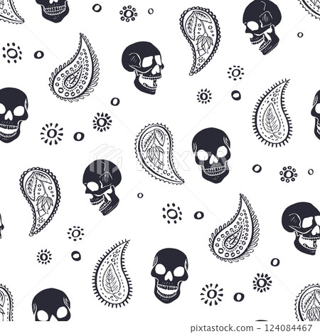 Seamless pattern with hand drawn inky floral skulls surrounded by paisley 124084467