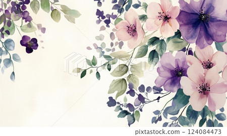 A watercolor painting with a white background features pink and purple flowers with green leaves. The flowers are in bloom, and their petals are soft and delicate A watercolor painting with a white background features pink and purple flowers with green leaves. The flowers are in bloom, and their petals are soft and delicate 124084473