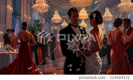A sophisticated gala unfolds in a grand ballroom with couples dancing elegantly, surrounded by lavish decor and romantic lighting as attendees enjoy the enchanting atmosphere. A sophisticated gala unfolds in a grand ballroom with couples dancing elegantly, surrounded by lavish decor and romantic lighting as attendees enjoy the enchanting atmosphere. 124084522