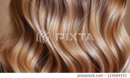 Long, wavy hair features beautiful highlights, showcasing a blend of light and dark shades. The soft waves create an elegant look, perfect for showcasing hairstyles and color techniques. 124084551