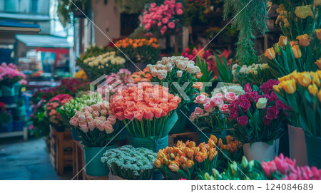 Vibrant flower market bustling with color in springtime, showcasing a variety of blooms and fresh arrangements 124084689