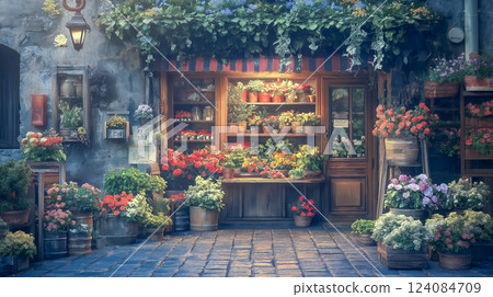 Charming flower shop nestled in a quaint street corner with vibrant blooms on display 124084709