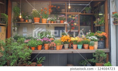Colorful flower display at a charming storefront 124084723