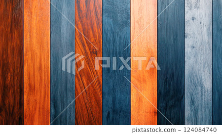 Vertical arrangement of wooden planks in warm orange and deep blue tones, highlighting unique textures and grain patterns for design. 124084740