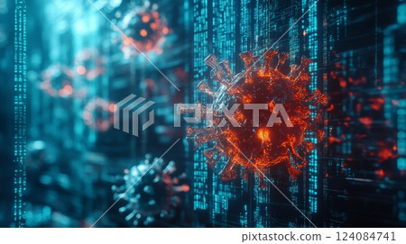 A vibrant visualization shows a virus model surrounded by flowing binary code, depicting a blend of biology and technology A vibrant visualization shows a virus model surrounded by flowing binary code, depicting a blend of biology and technology 124084741