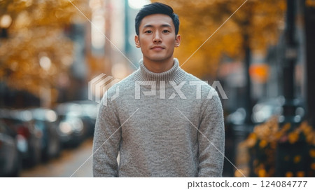 A young man strolls through a vibrant autumn street adorned with golden leaves, dressed in a warm sweater. The urban background features blurred cars and soft sunlight filtering through trees. 124084777