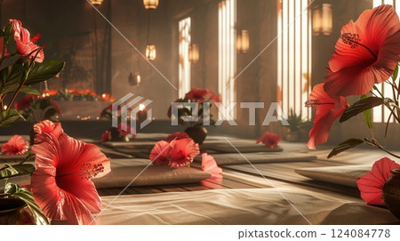 A serene spa environment adorned with vibrant hibiscus flowers, creating a calming atmosphere complemented by soft, diffused lighting. 124084778