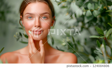 A woman with striking blue eyes gently touches her face, showcasing natural beauty and elegance. 124084806