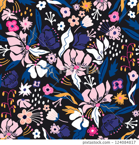 Seamless botanical pattern with abstract flowers and leaves. Modern floral background. Vector texture for fabric, wallpapers, apparel, textile Seamless botanical pattern with abstract flowers and leaves. Modern floral background. Vector texture for fabric, wallpapers, apparel, textile 124084817