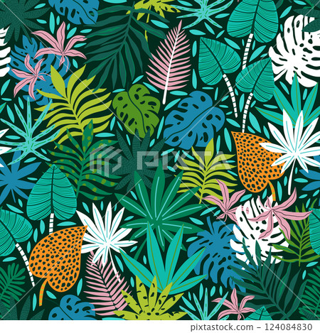 Seamless pattern palm branch and tropical background. Creative colorful and green jungle floral texture. Great for fabric, textile Vector Illustration 124084830