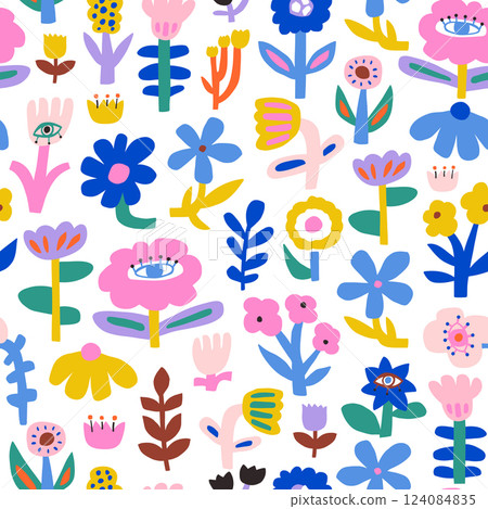 Seamless hand drawn floral pattern with eyes. Botanical creative texture herbaria, design for fabric, apparel, digital papers. Vector pastel background illustration. Plenty small flowers. 124084835