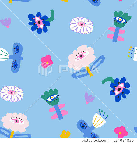 Seamless hand drawn floral pattern with eyes. Botanical creative texture herbaria, design for fabric, apparel, digital papers. Vector pastel blue background illustration 124084836