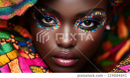 The image shows a close-up of a woman's face. She has dark skin and striking features. Her eyes are outlined with colorful makeup in the shape of dots and dashes. 124084841
