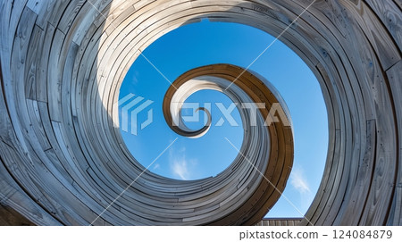 Tongue-and-groove boards spiral upward, symbolizing growth and potential, embodying a journey to new heights. 124084879
