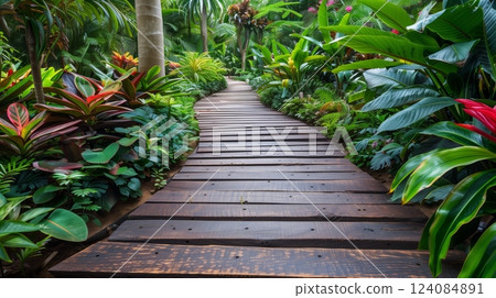 Tongue-and-groove boards form a charming garden path, leading the eye to vibrant flowers and greenery. 124084891