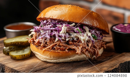 A delicious pulled pork sandwich topped with fresh coleslaw and served with pickles and dipping sauce on a rustic wooden board. 124084898