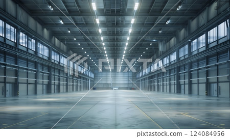 A cavernous, empty warehouse with soaring ceilings and a grid of lamps casting a stark light. 124084956