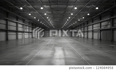A cavernous, empty warehouse with high ceilings and clinical lighting creates an eerie atmosphere. 124084958