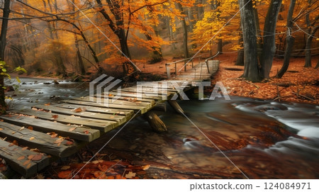 A wooden bridge spans a tranquil stream with impeccably aligned planks, amidst vibrant autumn foliage. A wooden bridge spans a tranquil stream with impeccably aligned planks, amidst vibrant autumn foliage. 124084971