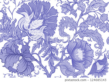 Fantasy flowers in retro, vintage, jacobean embroidery style. 124085143