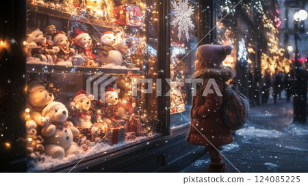 A young child, bundled in warm clothing, gazes in awe at a sparkling window display. A young child, bundled in warm clothing, gazes in awe at a sparkling window display. 124085225