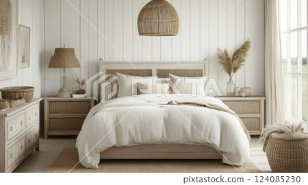 This inviting bedroom features a large bed with a soft, white comforter, adorned with neutral-colored pillows This inviting bedroom features a large bed with a soft, white comforter, adorned with neutral-colored pillows 124085230