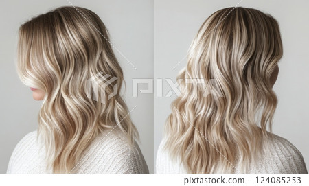 A woman is displaying her beautiful wavy blonde hairstyle, highlighted by soft, cascading layers and a natural finish. A woman is displaying her beautiful wavy blonde hairstyle, highlighted by soft, cascading layers and a natural finish. 124085253
