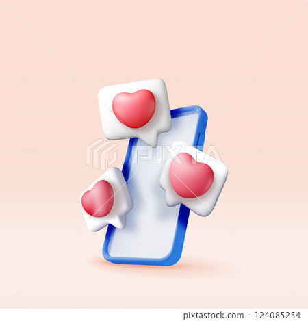 3D like icon with heart and smartphone isolated. 3D like icon with heart and smartphone isolated. 124085254