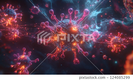 An intricate view of viruses displaying vibrant colors in a dark, cosmic background highlights their complex structures and connections, emphasizing their microscopic nature and interactions. An intricate view of viruses displaying vibrant colors in a dark, cosmic background highlights their complex structures and connections, emphasizing their microscopic nature and interactions. 124085299