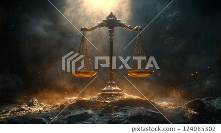 The artwork showcases a classic balance scale, representing justice, illuminated by soft golden light against a dark, atmospheric background filled with smoke. 124085302