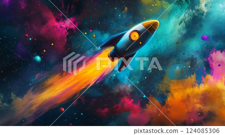 A cartoon-style rocket flies through a colorful nebula. The rocket is blue with a yellow tip and a large, round window. It is leaving a trail of orange fire 124085306