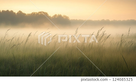 A serene meadow is blanketed in soft mist during the early morning hours while the sun begins to rise. Tall grasses sway gently in the breeze, creating a peaceful atmosphere. 124085325