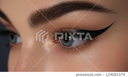 Detailed view of a woman's eye showcasing striking winged eyeliner and perfectly shaped eyebrows, highlighting her captivating gaze. 124085374