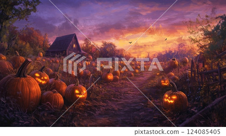Glowing jack-o'-lanterns light up a field beside a rustic farmhouse as the sun sets, casting an enchanting orange and purple hue across the landscape. Birds can be seen flying in the distance. 124085405