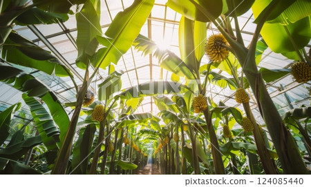 Lush banana plants tower under a greenhouse roof, with sunlight filtering through leaves, highlighting clusters of ripening bananas. 124085440