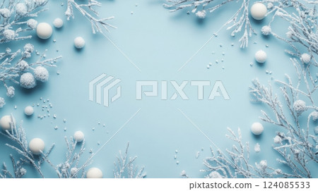 A decorative layout featuring snowy branches and white spheres prominently displayed against a soft blue backdrop, creating a winter atmosphere. The arrangement highlights the beauty of the season. 124085533