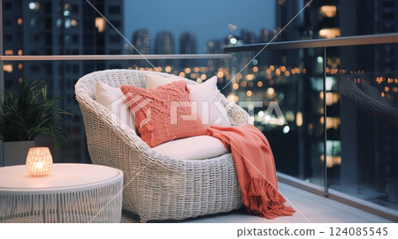 A well-decorated balcony features a comfy chair adorned with pillows and a warm throw, perfect for relaxing. Soft candlelight creates a serene atmosphere against the city skyline at twilight. 124085545