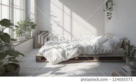 A well-lit bedroom features a wooden bed with white bedding, surrounded by plants on a sunlit floor. The soft sunlight casts playful shadows, creating a calm and inviting atmosphere. 124085571