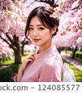 Cherry blossoms in full bloom and a beautiful woman wearing pink clothes 124085577