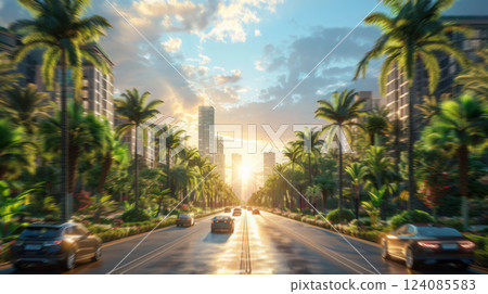 Golden sunset rays bathe a tree-lined city boulevard with cars. Golden sunset rays bathe a tree-lined city boulevard with cars. 124085583